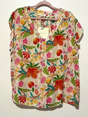 Cynthia Rowley Womens Gauzy Blouse 1X Fruit Floral Resort Boho Summer Colorful